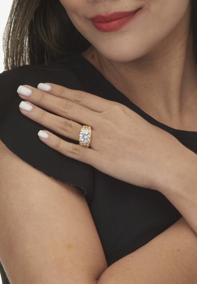 Goldtone Round Cubic Zirconia Triple Row Engagement Ring, , alternate image number null