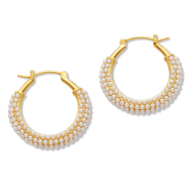 White Round Simulated Pave-Style Pearl Goldtone Hoop Earrings, WHITE, on-hover image number null