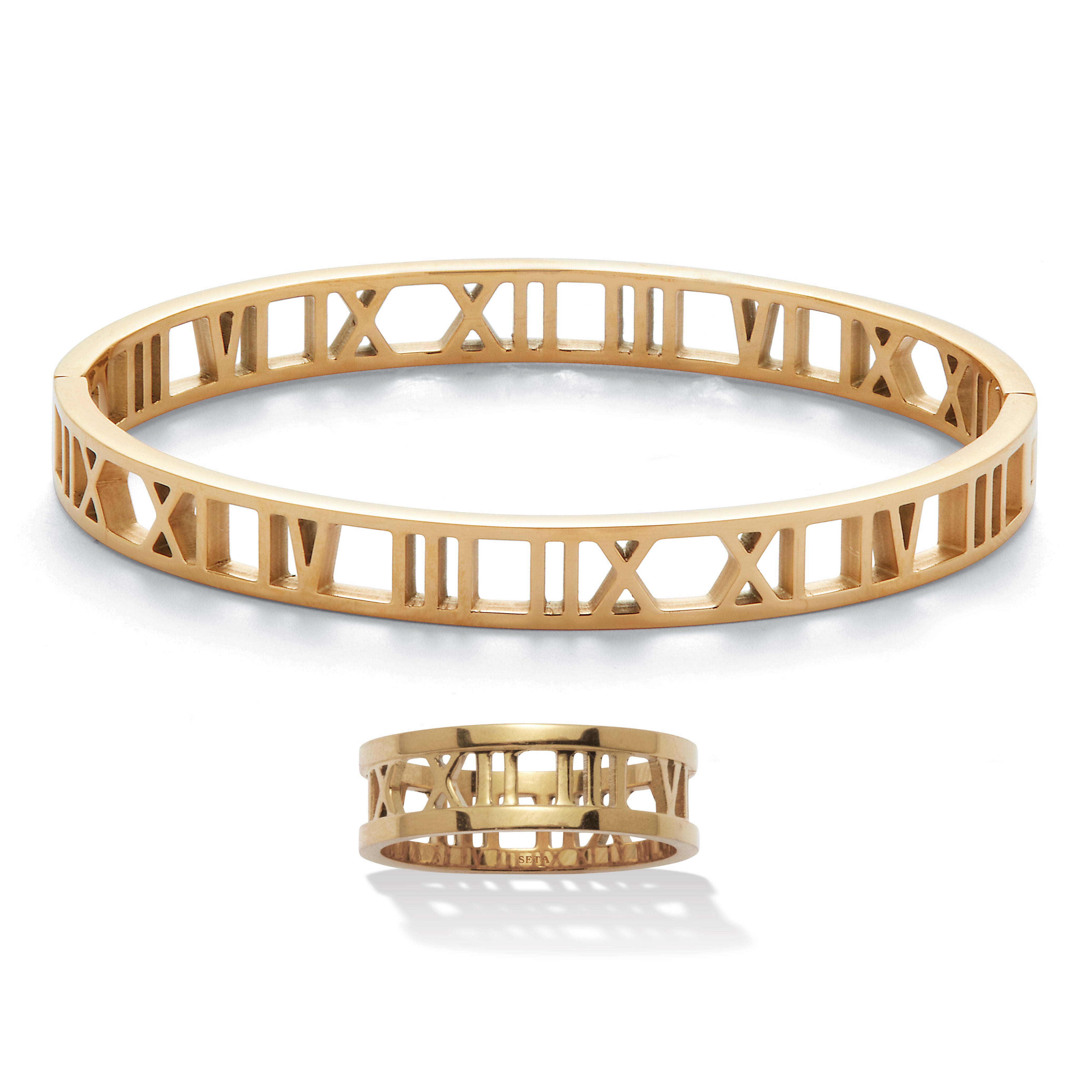 Roman Numeral Gold Ion-Plated Stainless Steel Bracelet and Ring Set, YELLOW, hi-res image number 0