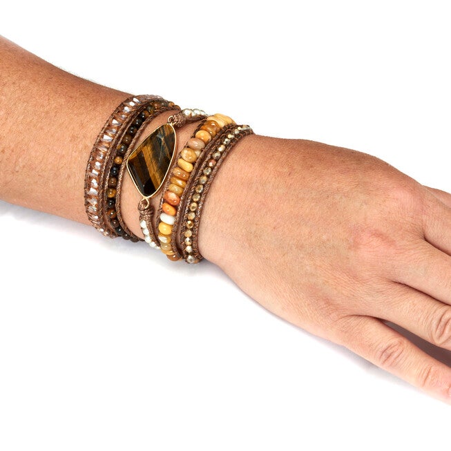 Genuine Brown Tiger's Eye Goldtone Wrap Bracelet 36-inch adjustable, BROWN, alternate image number 2