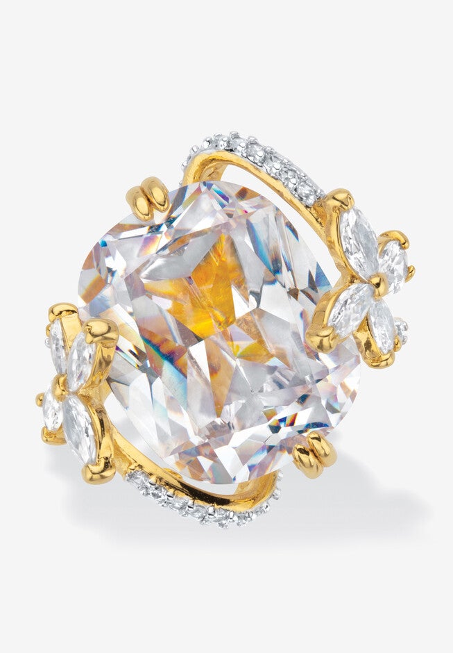 Yellow Gold Plated Cubic Zirconia Flower Ring, GOLD, hi-res image number null