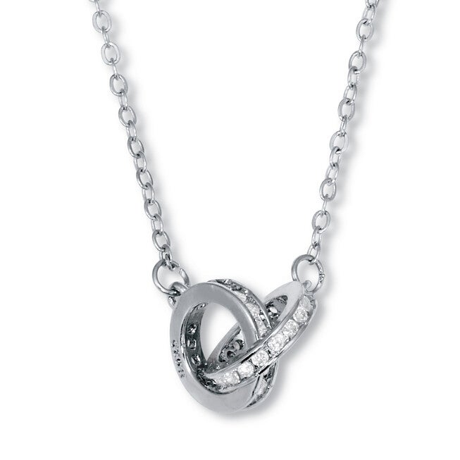 Round Crystal Silvertone Interlocking Circle Necklace 16 to 18-inch, WHITE, hi-res image number 0