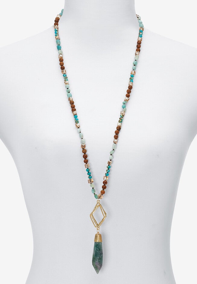 Genuine Blue Agate And Brown Agate Beaded Goldtone Drop Necklace, 34-Inch Length, , alternate image number null