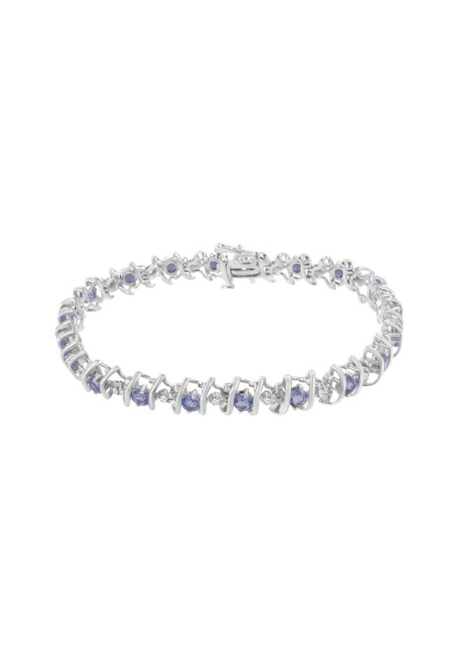 Sterling Silver Gemstone & Round Diamond Tennis Bracelet Tanzanite December Birthstone, , on-hover image number 1