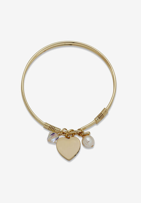 Goldtone Heart With Aurora Borealis Crystal And Simulated Pearl Charm Bangle, 7 Inch, , on-hover image number null