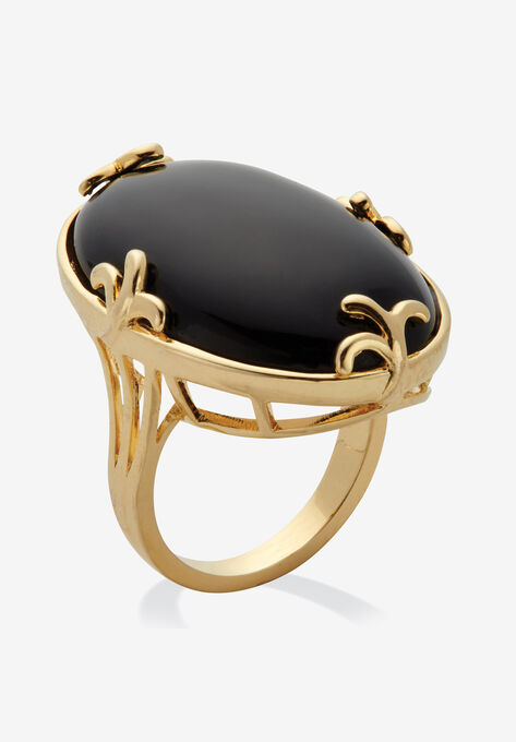 Cabochon-Cut Black Agate 18K Gold-Plated Ring, , on-hover image number null