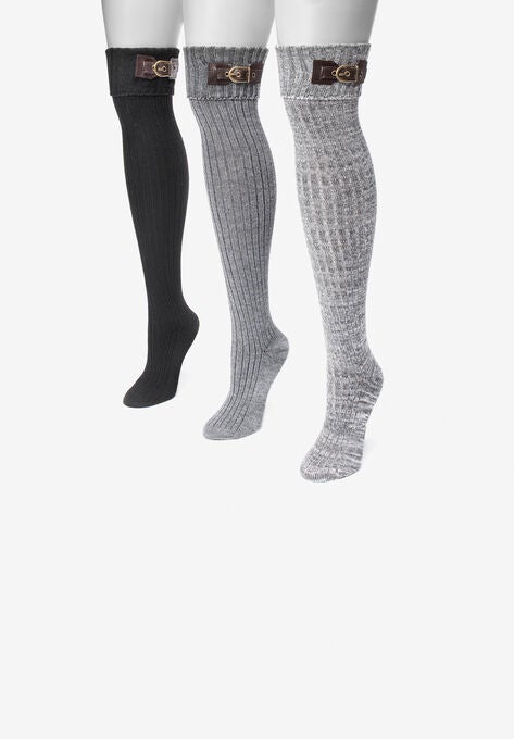 3 Pair Buckle Cuff Over The Knee Socks, BLACK, hi-res image number null