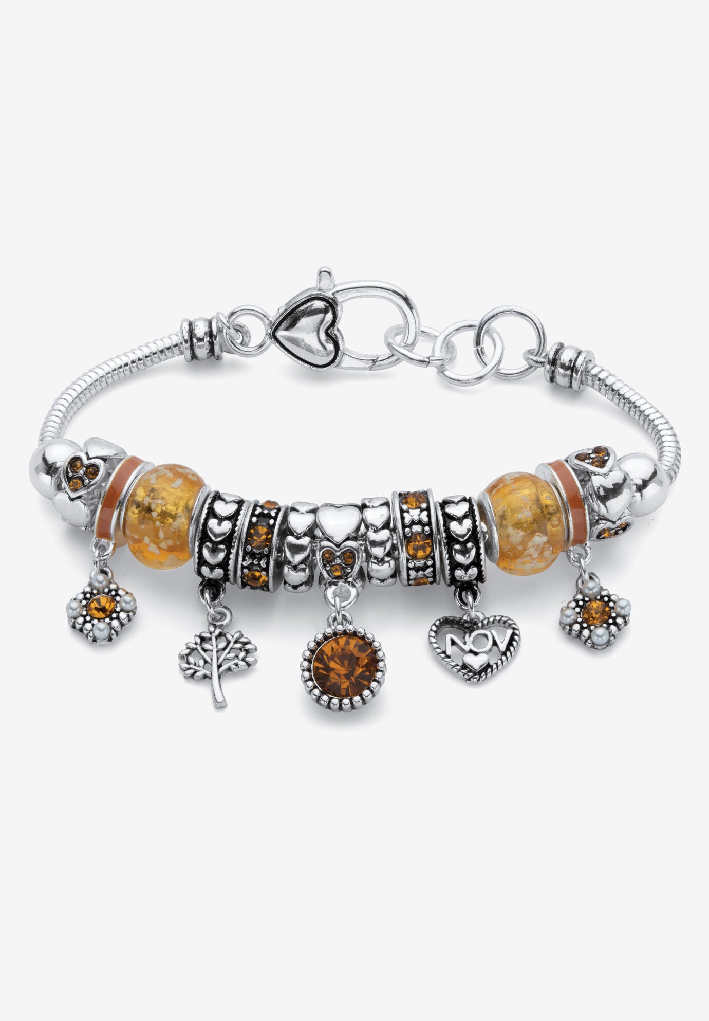 Antiqued Silvertone Simulated Birthstone 8 inches Charm Bracelet, NOVEMBER, hi-res image number 0