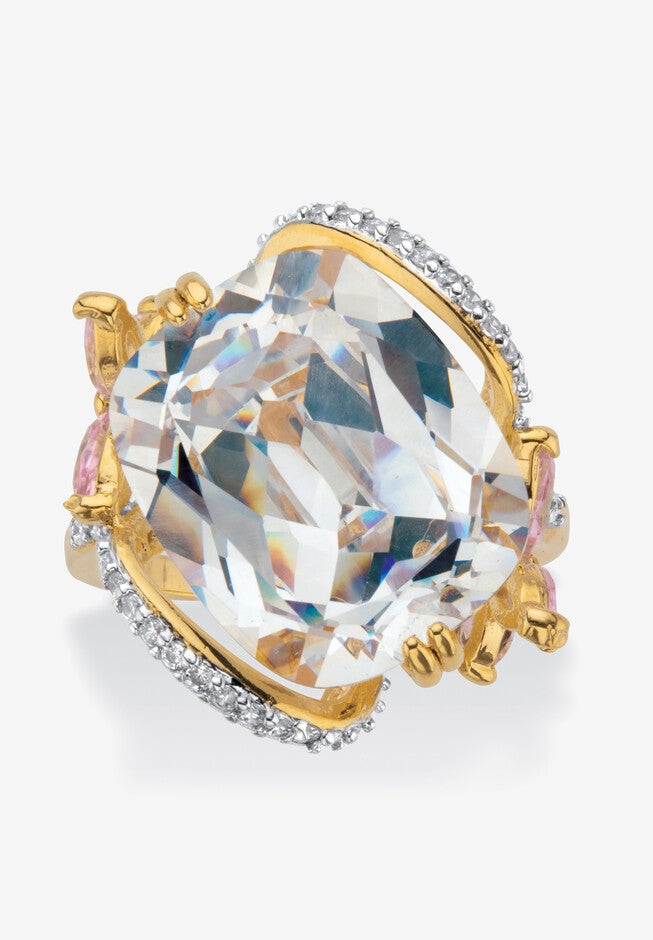 Yellow Gold Plated Cushion Cut White and Pink Cubic Zirconia Flower Ring, GOLD, hi-res image number null