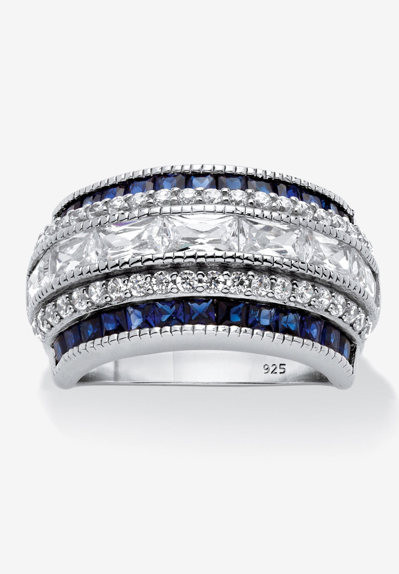 6.48 Cttw. Cubic Zirconia And Simulated Blue Sapphire Platinum-Plated Sterling Silver Ring, BLUE, hi-res image number 0