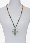 Genuine Jasper, Amazonite And Freshwater Pearl Silvertone Cross Necklace 32 Inch, , alternate image number null