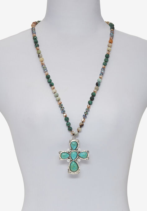 Genuine Jasper, Amazonite And Freshwater Pearl Silvertone Cross Necklace 32 Inch, , alternate image number null