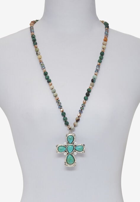 Genuine Jasper, Amazonite And Freshwater Pearl Silvertone Cross Necklace 32 Inch, , alternate image number null