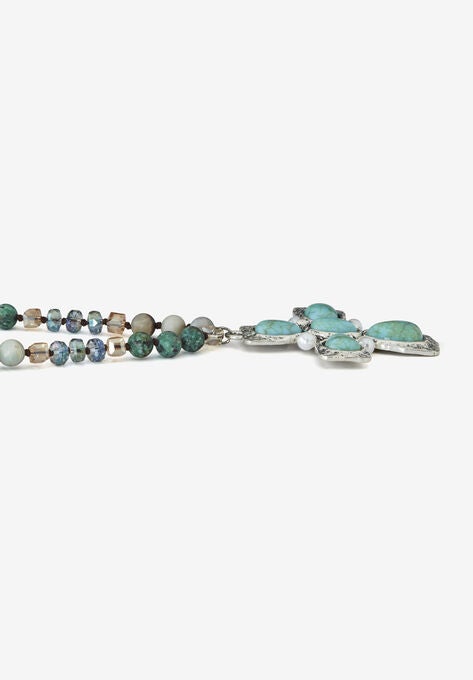 Genuine Jasper, Amazonite And Freshwater Pearl Silvertone Cross Necklace 32 Inch, , on-hover image number null
