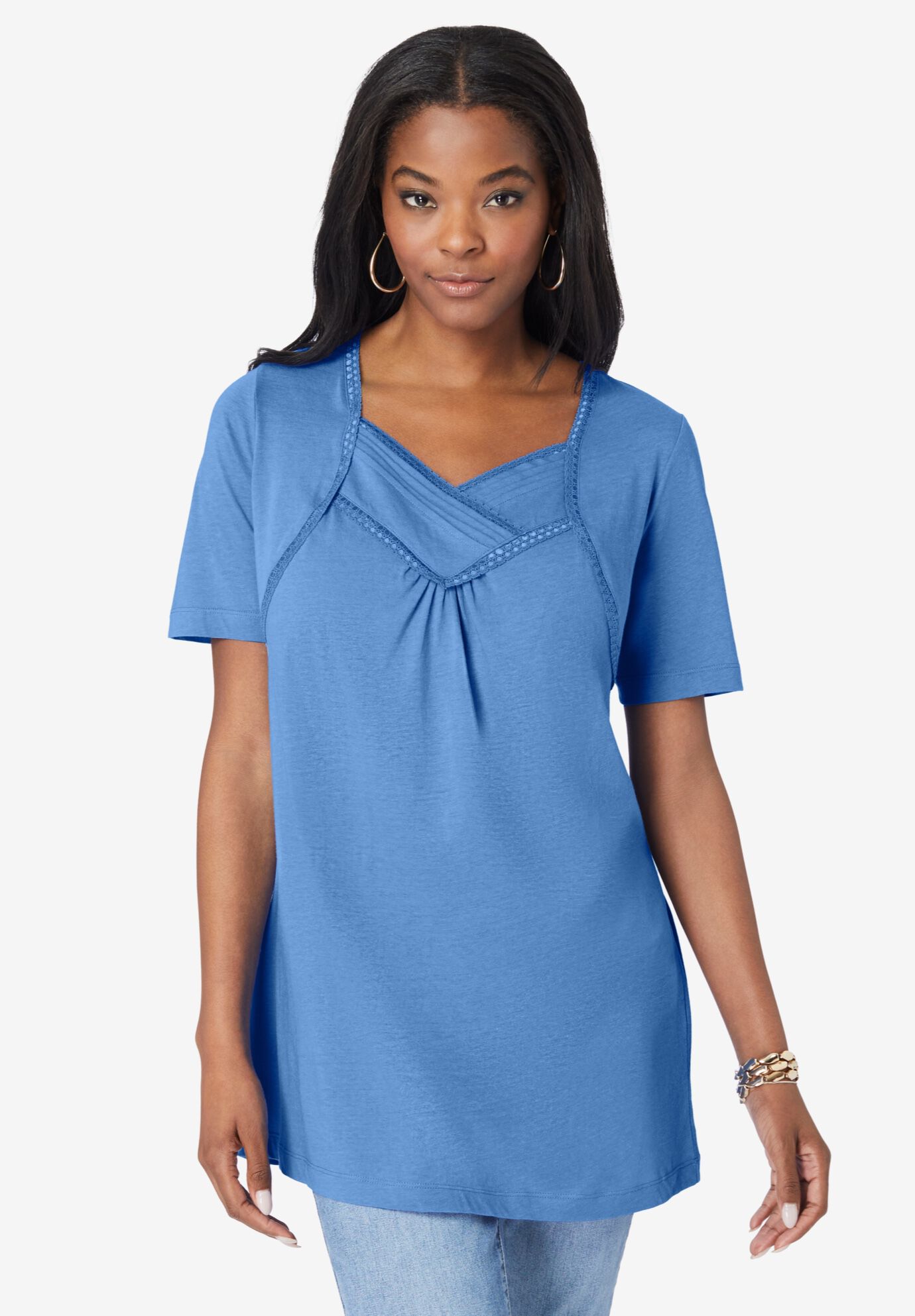Pleated V-Neck Tee, HORIZON BLUE, hi-res image number 0