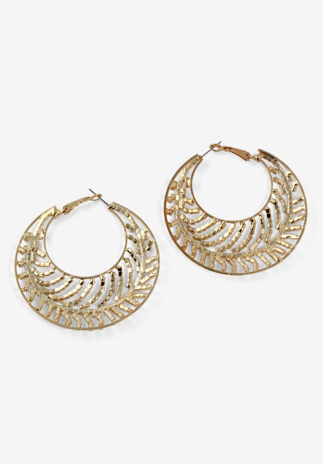 Goldtone Round Crystal Leaf Hoop Earrings, , on-hover image number 1