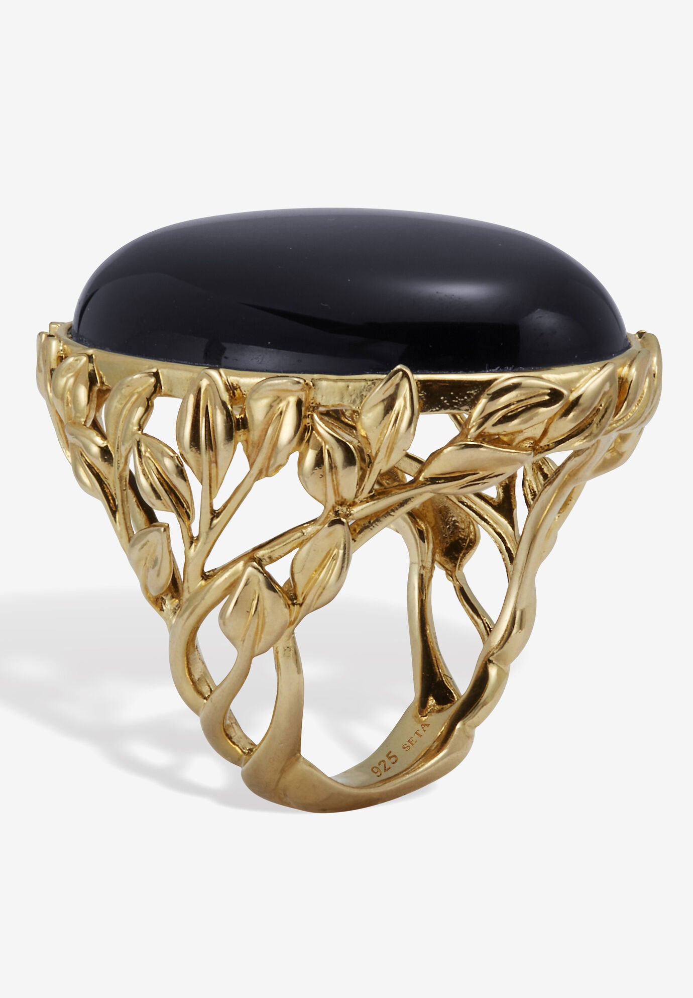 Oval Genuine Black Agate 18K Yellow Gold Cabochon Ring, , on-hover image number 1