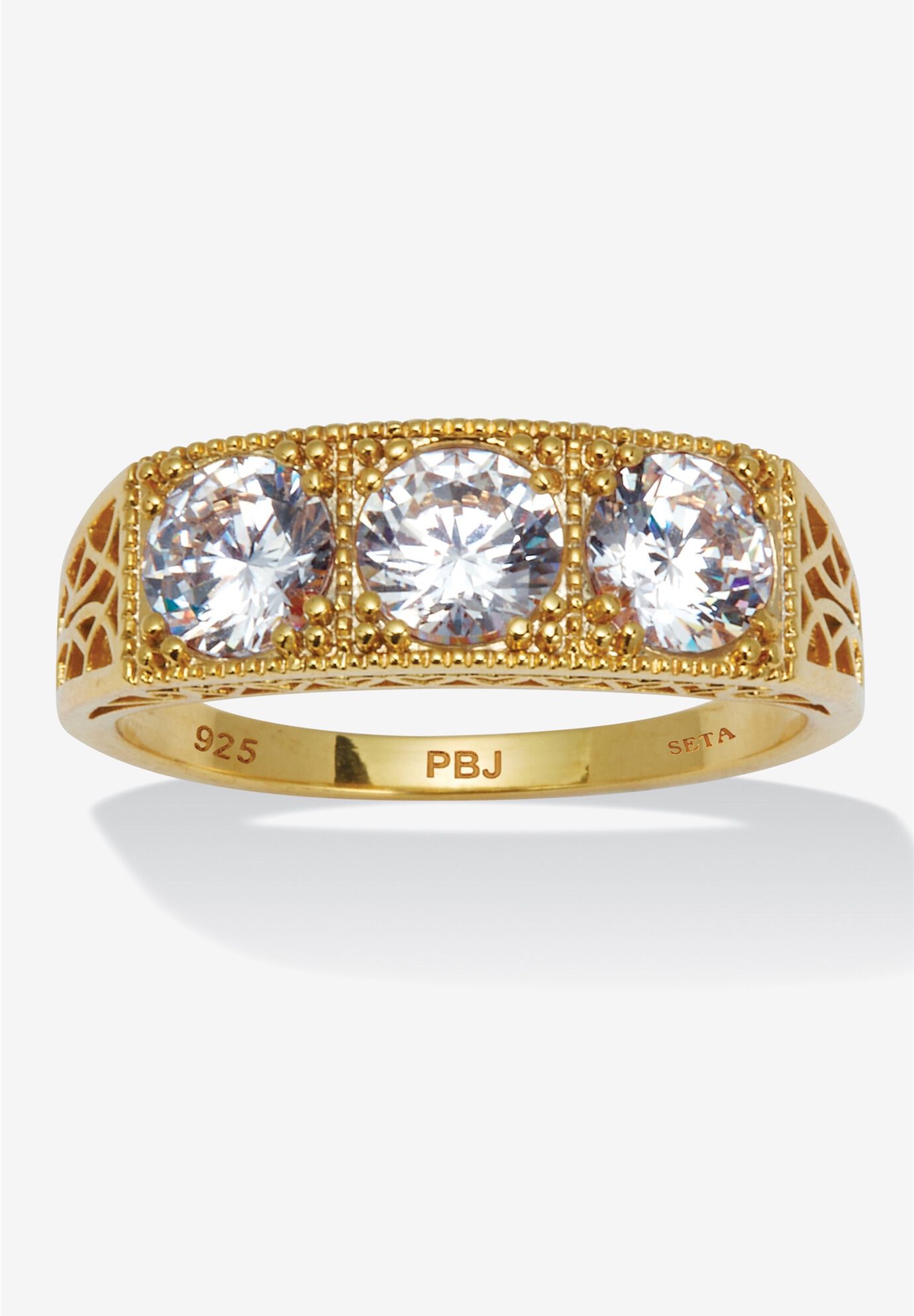 4.50 Tcw Round Cubic Zirconia Yellow Gold-Plated Sterling Silver 3-Stone Ring, WHITE, hi-res image number 0