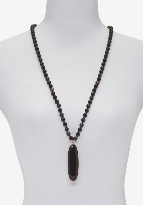 Genuine Black Agate Goldtone Bezel Set Oval Cabochon Beaded Necklace 34 Inch, , alternate image number null