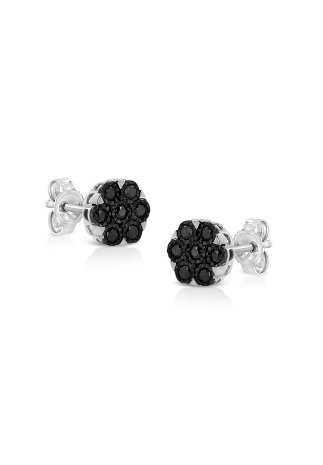 Silver 1/4 Cttw Black Diamond Cluster Flower Stud Earrings, , on-hover image number null