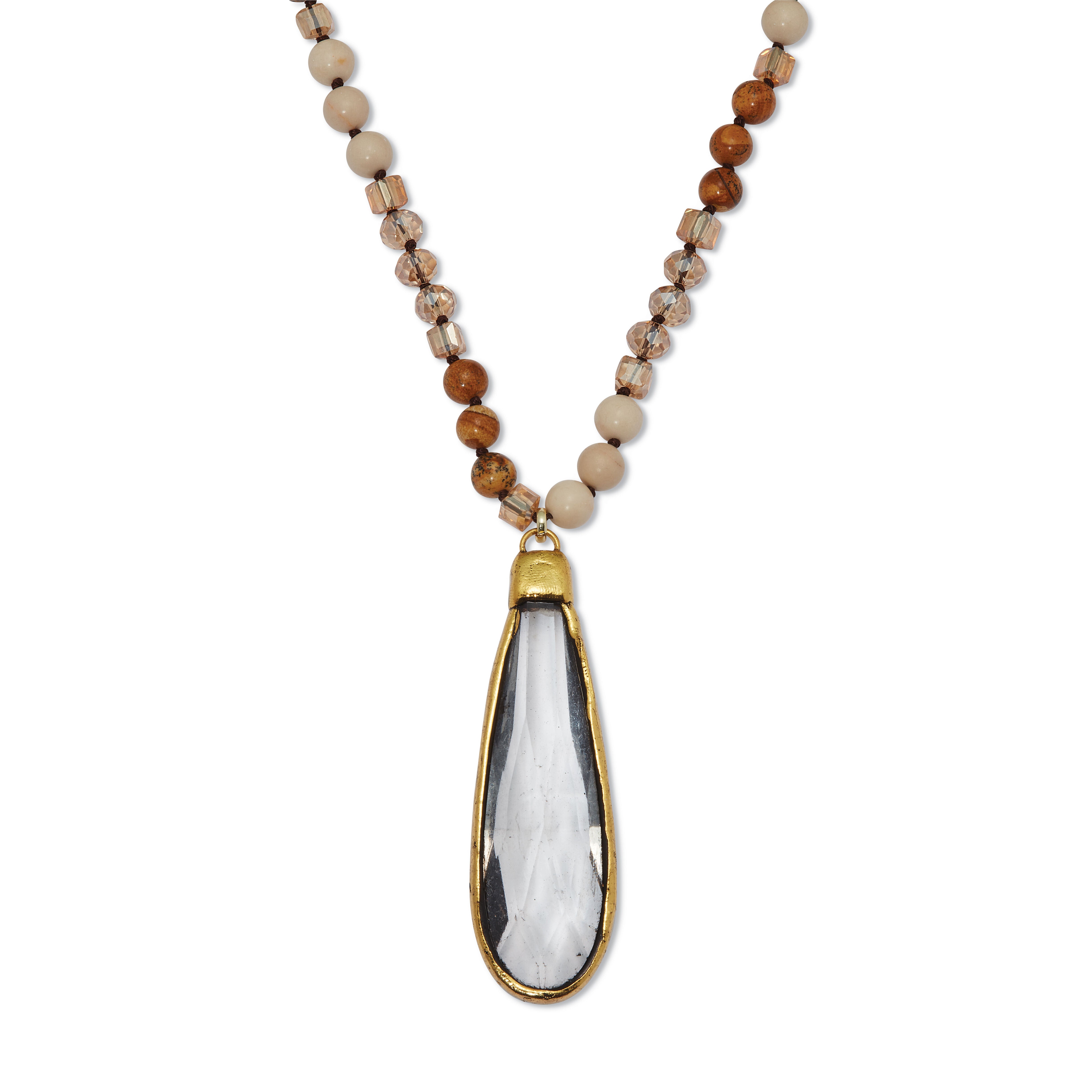 Crystal Pendant and Genuine Jasper and White Agate Goldtone Necklace 32-inch, WHITE, hi-res image number 0