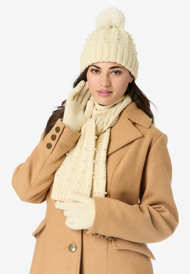 Pearl-Embellished Cable-Knit Hat, Scarf and Glove Set., OATMEAL, hi-res image number null