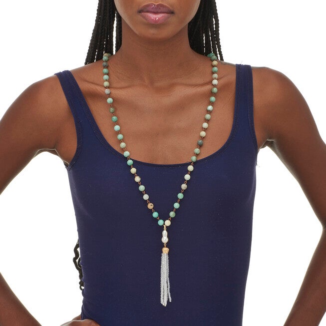 Genuine Green Amazonite Goldtone Beaded Tassel Necklace 34-inch, WHITE, alternate image number null