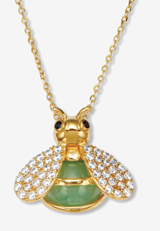 .61 Tcw Cz Genuine Green Jade 18K Gold-Plated Bee Pendant Necklace, 18 Inches, GREEN, hi-res image number null