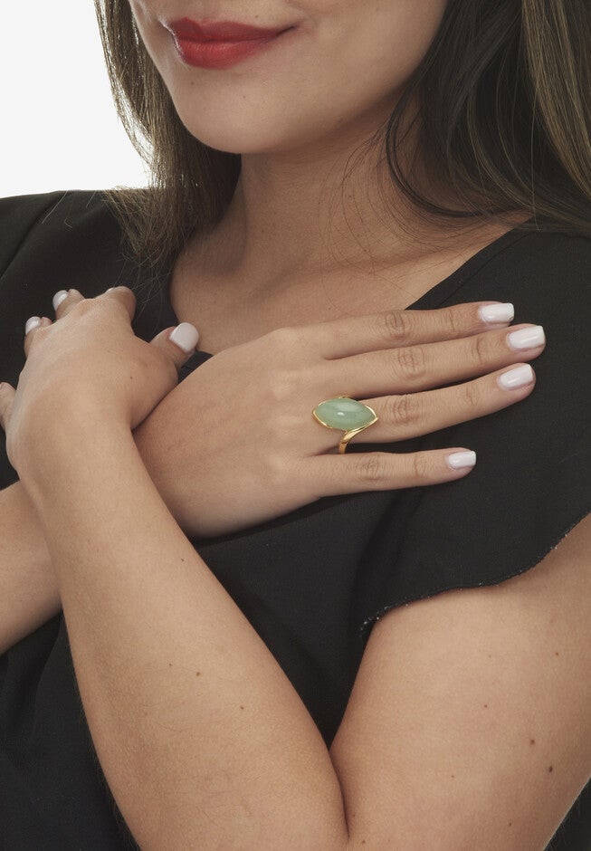 Marquise-Cut Genuine Green Jade Gold-Plated Sterling Silver Cabochon Bypass Ring, , alternate image number 4