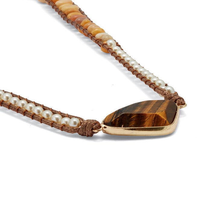 Genuine Brown Tiger's Eye Goldtone Wrap Bracelet 36-inch adjustable, BROWN, on-hover image number 1