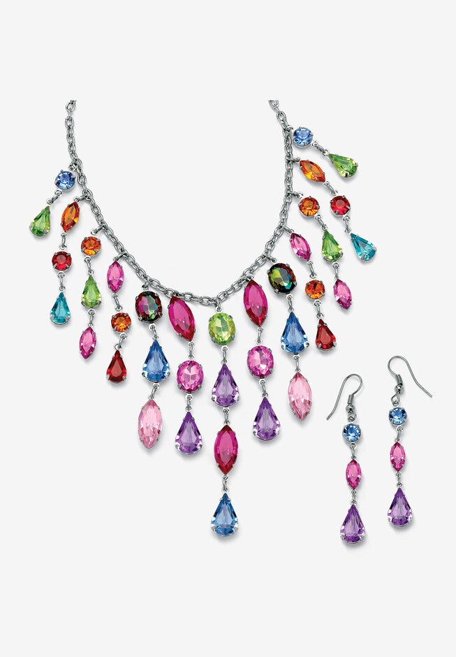 Multicolor Crystal Bib Necklace And Earrings 2-Piece Set In Antiqued Silvertone, MULTI, hi-res image number 0