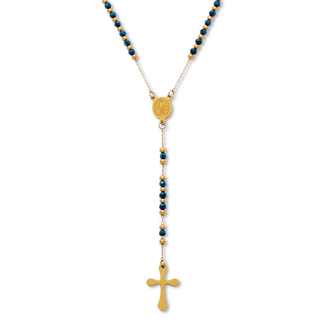 Yellow Gold Ion-Plated Stainless Steel Crystal Beaded Rosary Necklace 21-inch, BLUE, alternate image number null