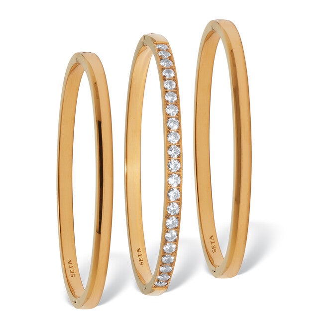 Round Crystal Yellow Gold Ion-Plated Stainless Steel Bangle Bracelet Set 7-inch, WHITE, on-hover image number null
