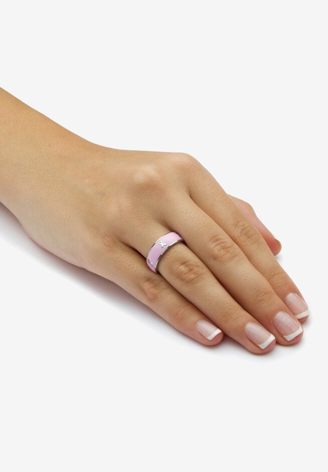Stainless Steel And Pink Enamel Breast Cancer Awareness Ribbon "Serenity Courage Strength" Inscribed Ring (6.5Mm) Jewelry, , alternate image number null