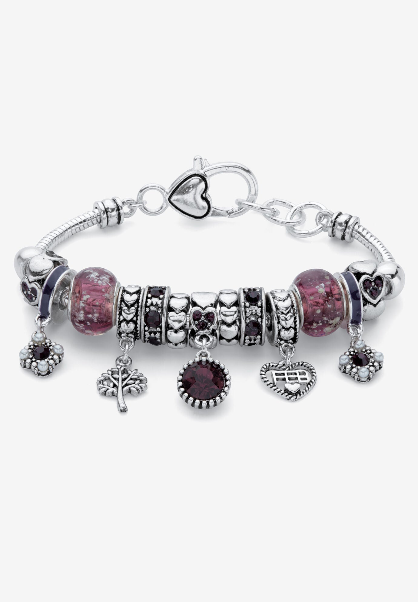 Antiqued Silvertone Simulated Birthstone 8 inches Charm Bracelet, FEBRUARY, hi-res image number 0