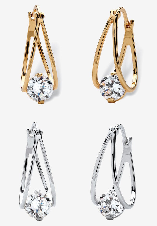 8 Tcw Cubic Zirconia Hoop 2-Pair Earrings Set In Silvertone And Gold-Plated, CUBIC ZIRCONIA, hi-res image number 0