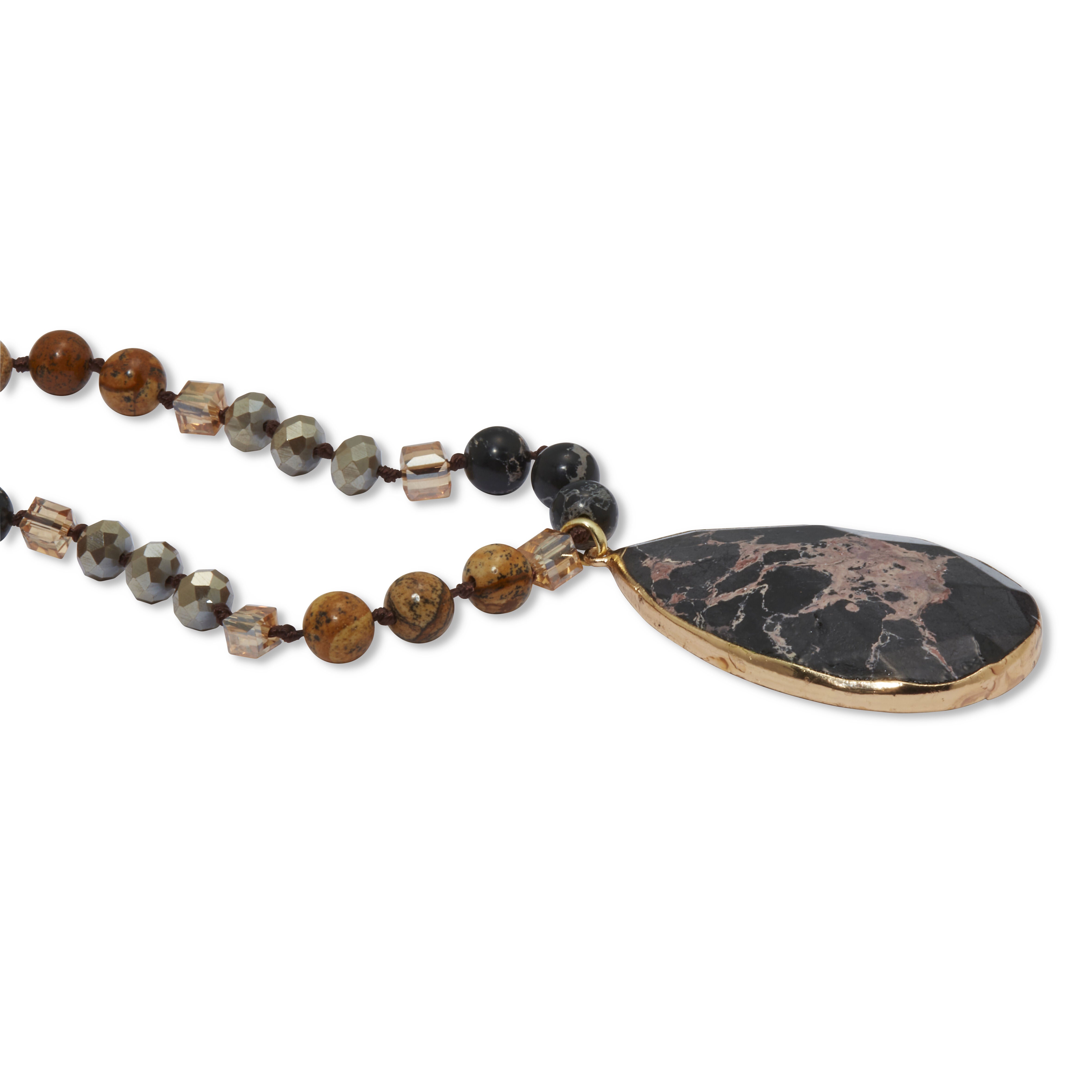 Genuine Black Howlite and Brown Jasper Goldtone Necklace 34-inch, BLACK, on-hover image number 1