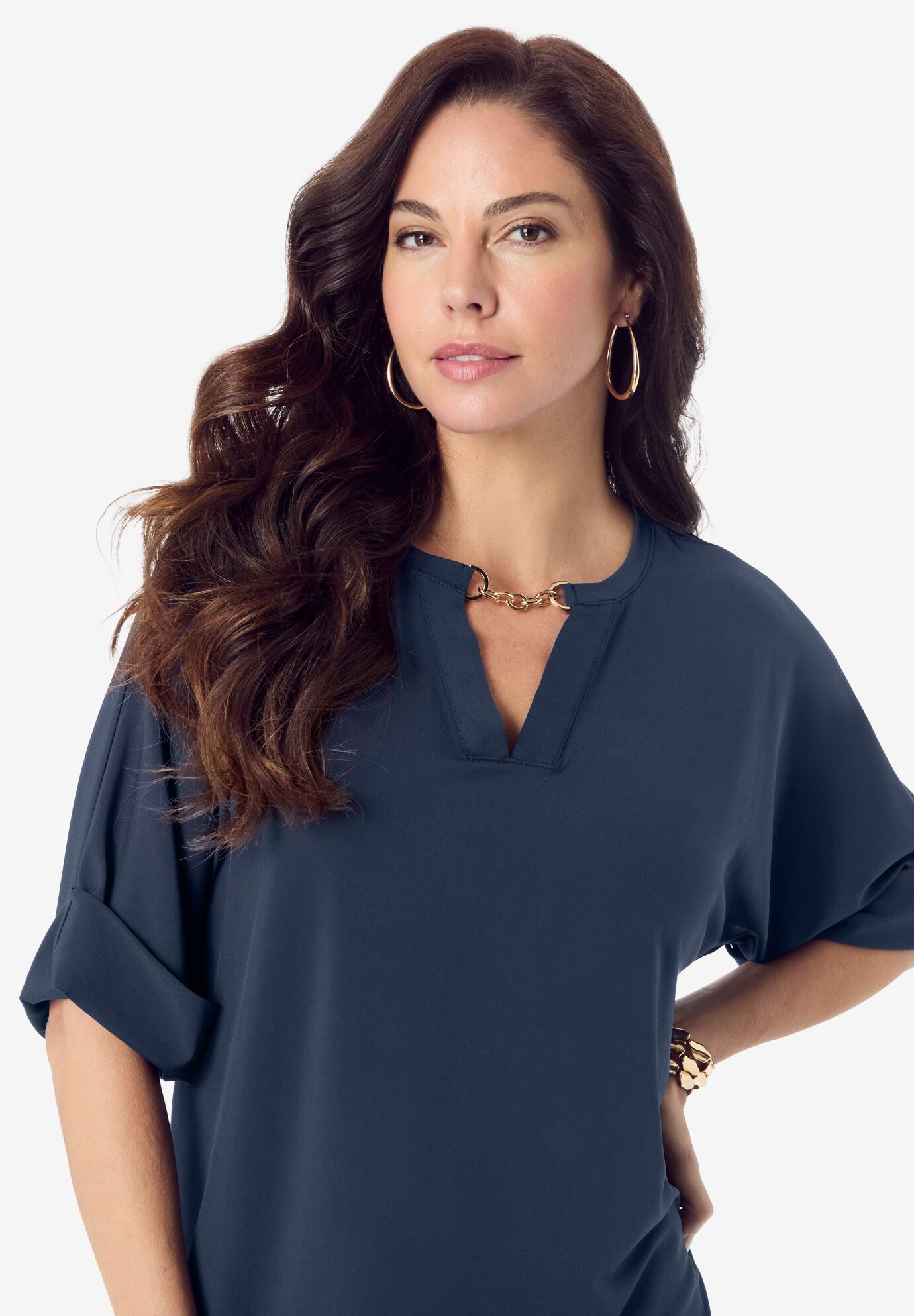 Ultrasmooth&reg; Fabric V Neck Tee with Chain Detail, NAVY, alternate image number 3