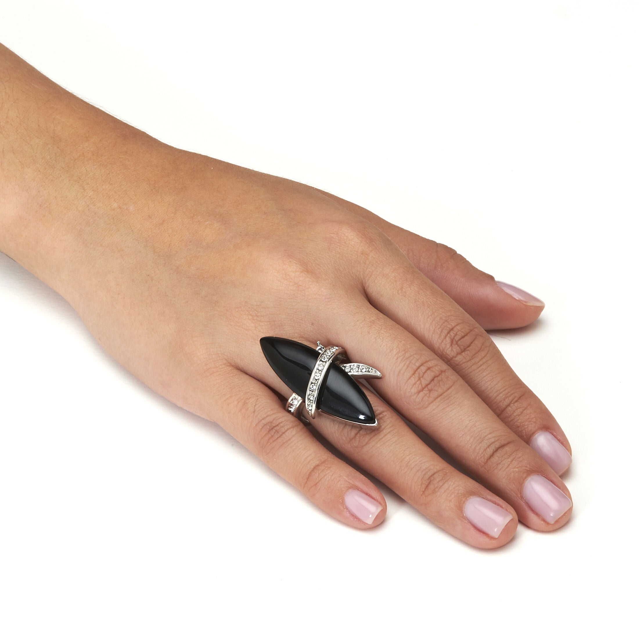 Wrapped Marquise Onyx and Crystal Platinum-Plated Ring, BLACK, alternate image number 2