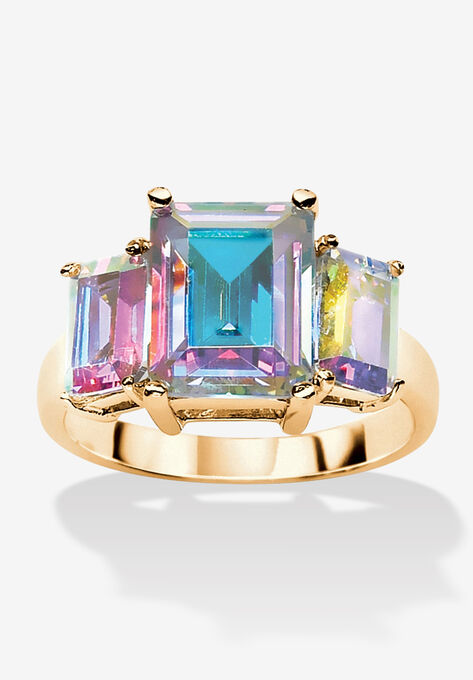 Gold-Plated Emerald Cut And Aurora Borealis Cubic Zirconia Ring Jewelry, CUBIC ZIRCONIA, hi-res image number null