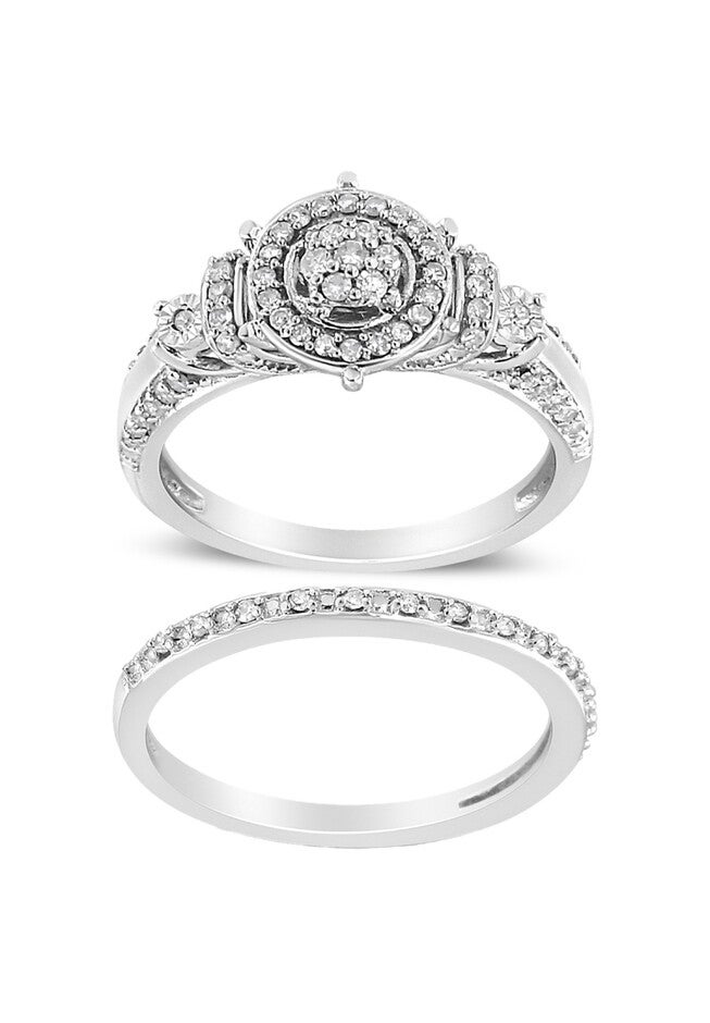 Silver 1/3 Cttw Diamond 7 Stone Cluster And Halo Engagement Set, SILVER, hi-res image number null