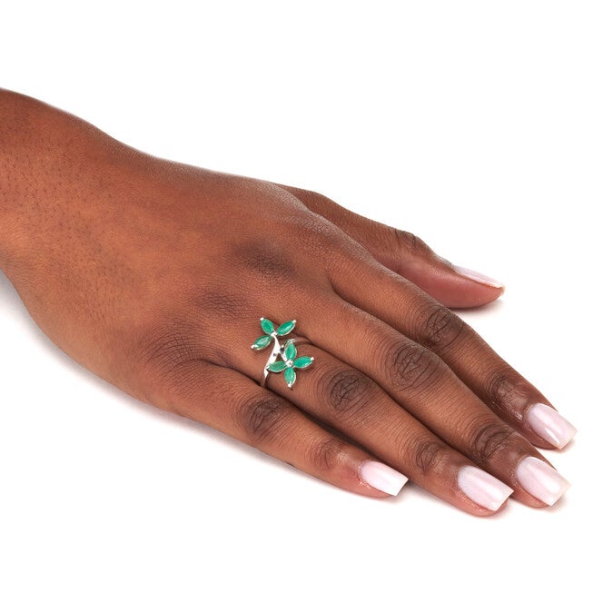 2.10 TCW Marquise Cut Genuine Green Emerald Sterling Silver Floral Ring, GREEN, alternate image number null