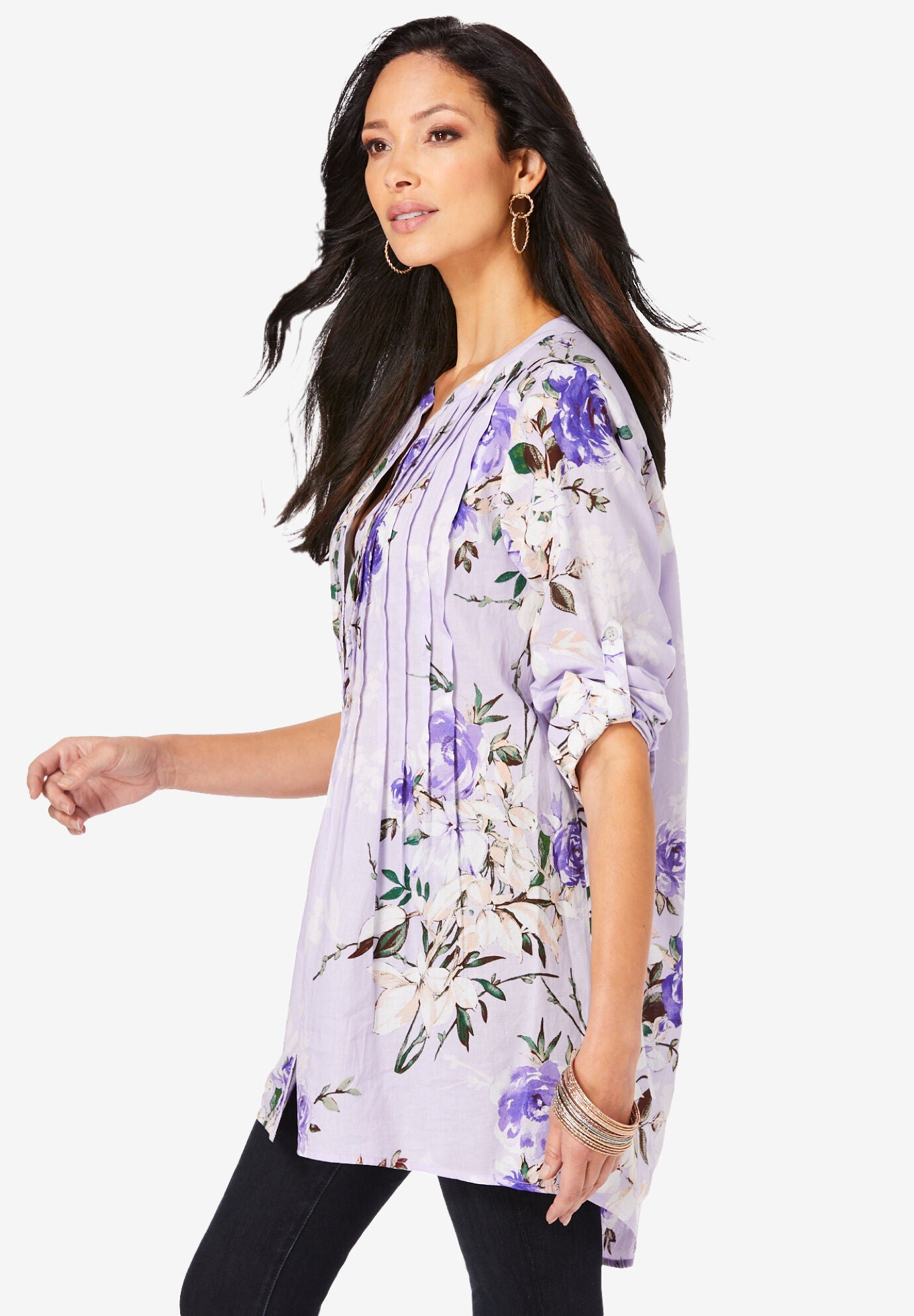 Plus Size Floral Y-Neck Pintuck Tunic &ndash; Adjustable Long Sleeve Button-Front, Relaxed Shirt Style, , alternate image number 4