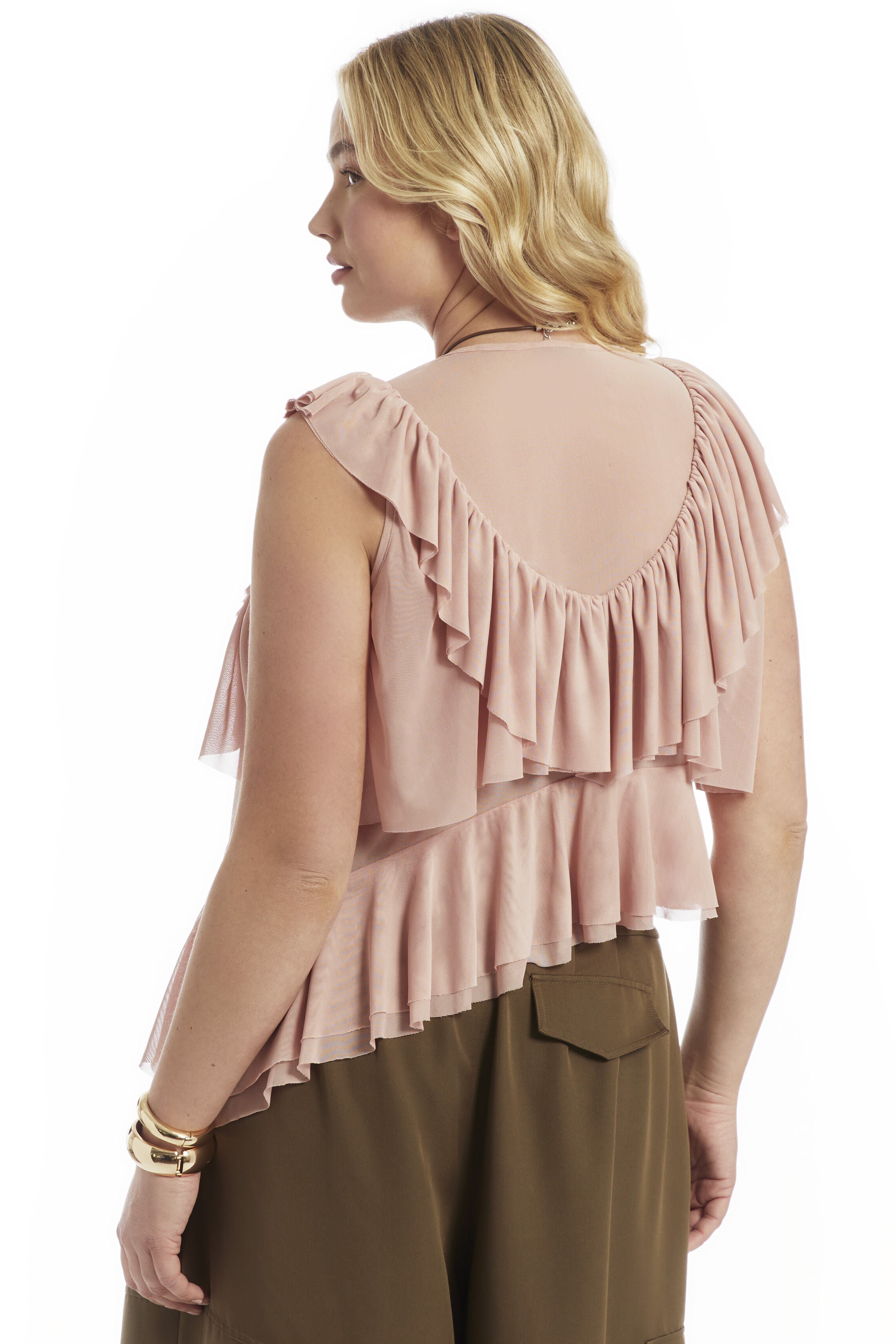 Asymmetric Ruffle Mesh Top, SEPIA ROSE, alternate image number 3