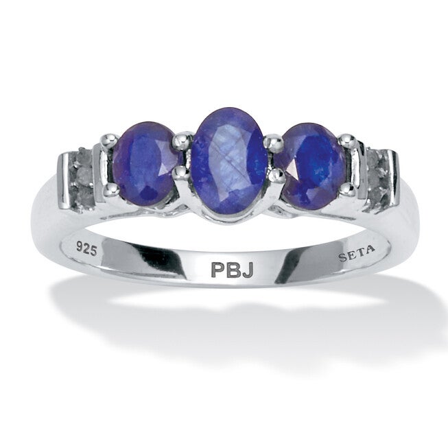 1.31 TCW Genuine Blue Sapphire and Diamond Accent Sterling Silver 3-Stone Ring, BLUE, hi-res image number null