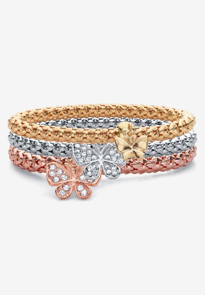Rose Gold-Plated Butterfly Charm Stretch Bracelet Set, CRYSTAL, hi-res image number null