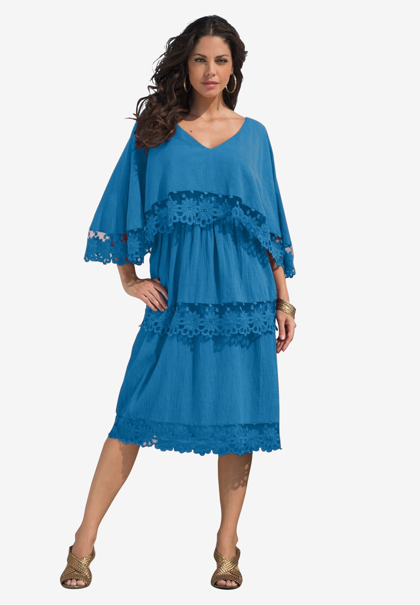 Tiered-Lace Crinkle-Knit Gauze Dress, VIBRANT BLUE, hi-res image number 0