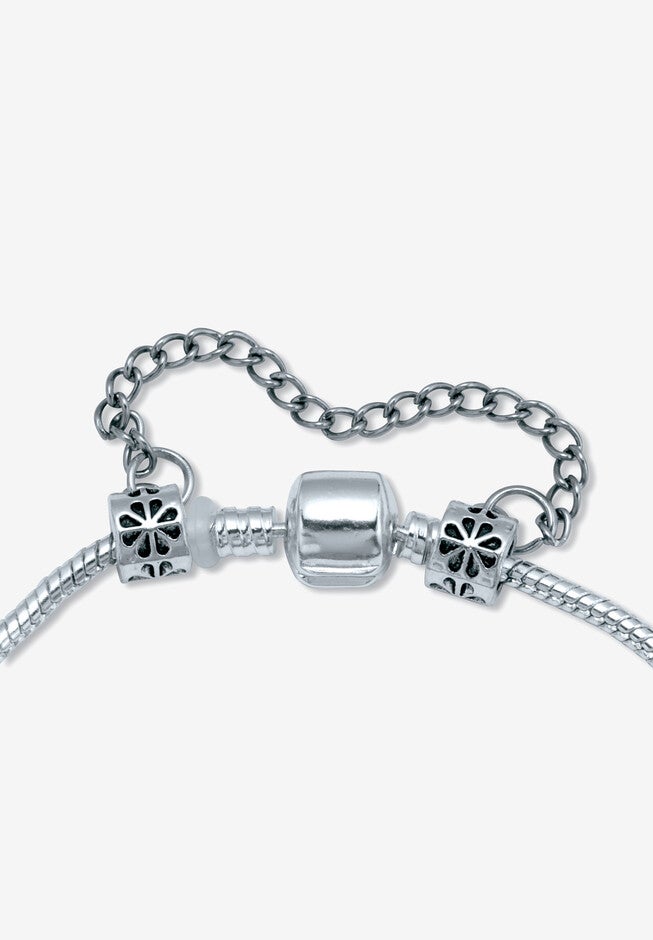 Round Crystal Silvertone Antiqued Charm Bracelet, 7 To 9-Inch, , on-hover image number null