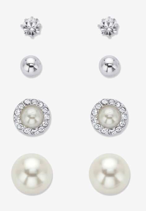 Crystal And Simulated Pearl Silvertone 4-Pair Ball Stud Earring Set (6Mm-12Mm), WHITE, hi-res image number null