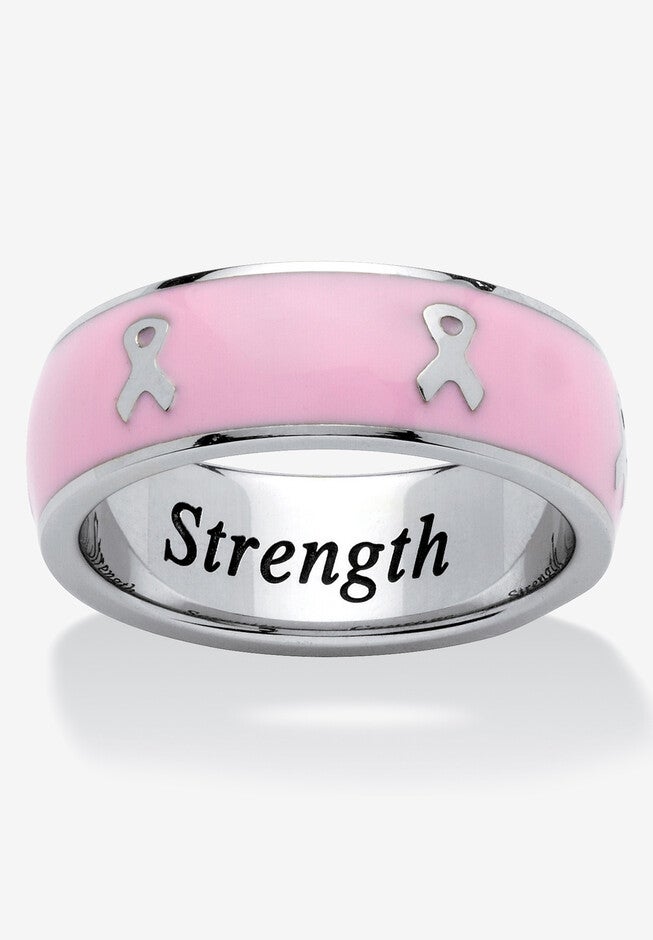 Stainless Steel And Pink Enamel Breast Cancer Awareness Ribbon "Serenity Courage Strength" Inscribed Ring (6.5Mm) Jewelry, WHITE, hi-res image number null